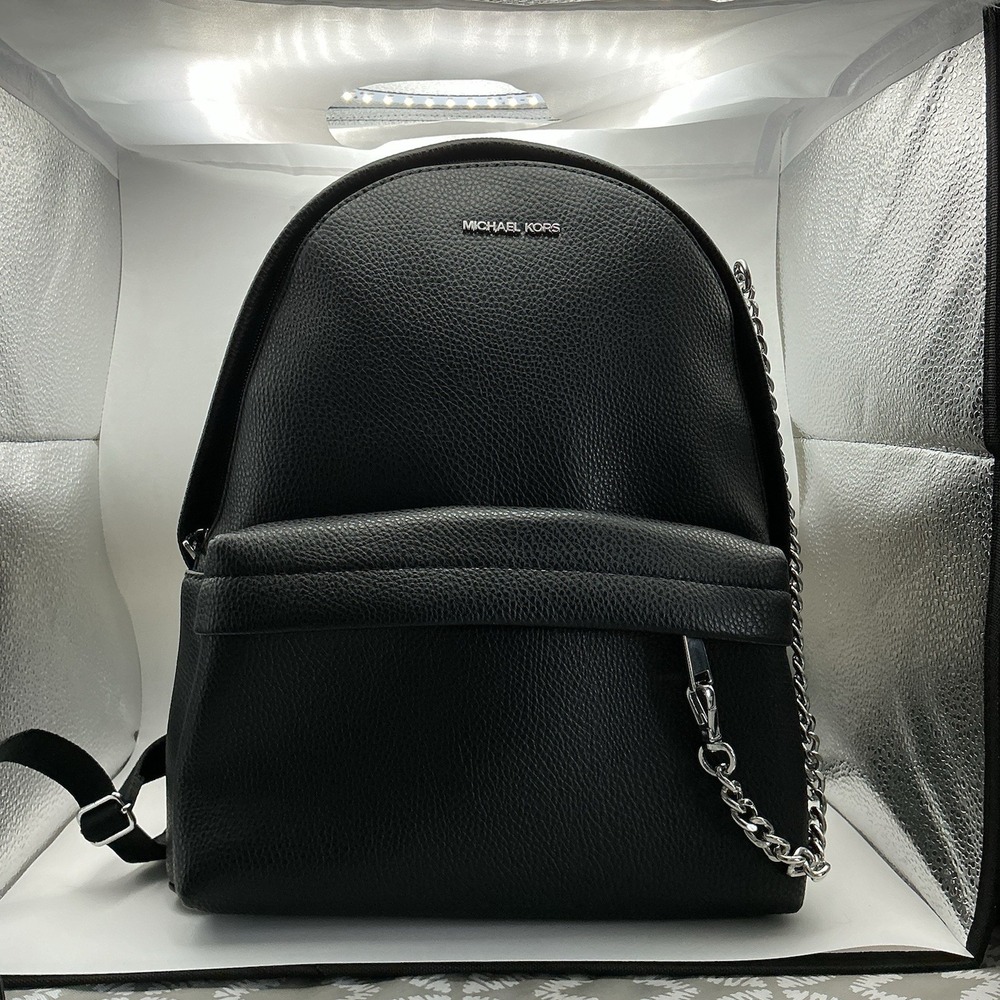 Michael Kors Slater Medium Chain Backpack Black Leather Silver Hardware NWT